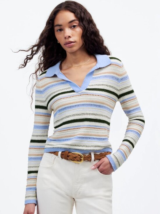 Madewell Tops - MADEWELL Textural-Stitch Johnny Collar Sweater peri blue multi stripe small